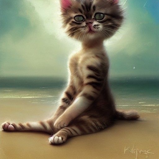 Kitten Ballerina on the Beach, Photorealistic Painting