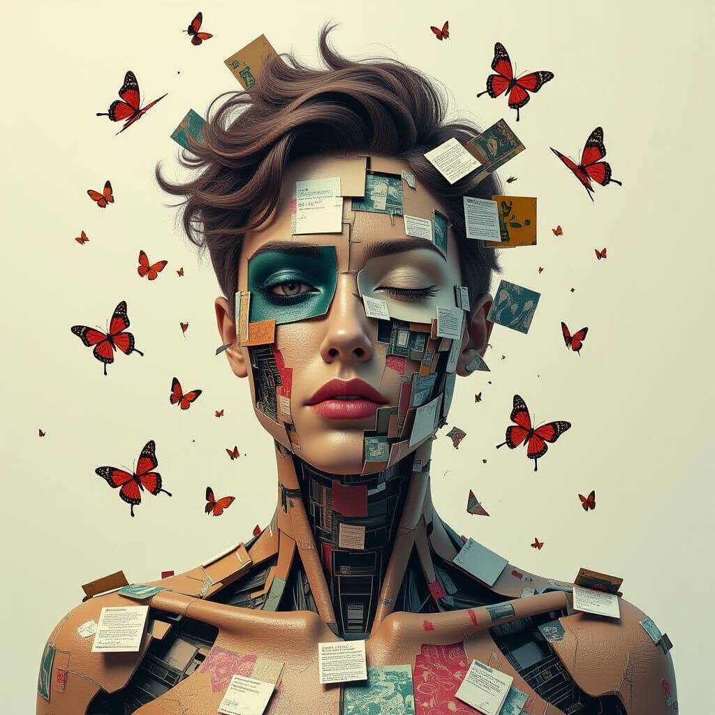 Deconstructed Photo Figure with Glitching Butterflies