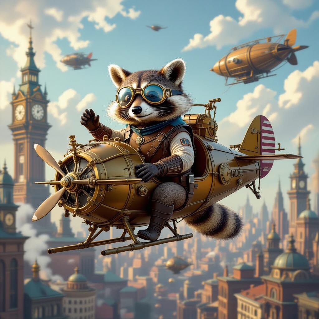 Steampunk Raccoon Inventor and His Self-Flying Airship
