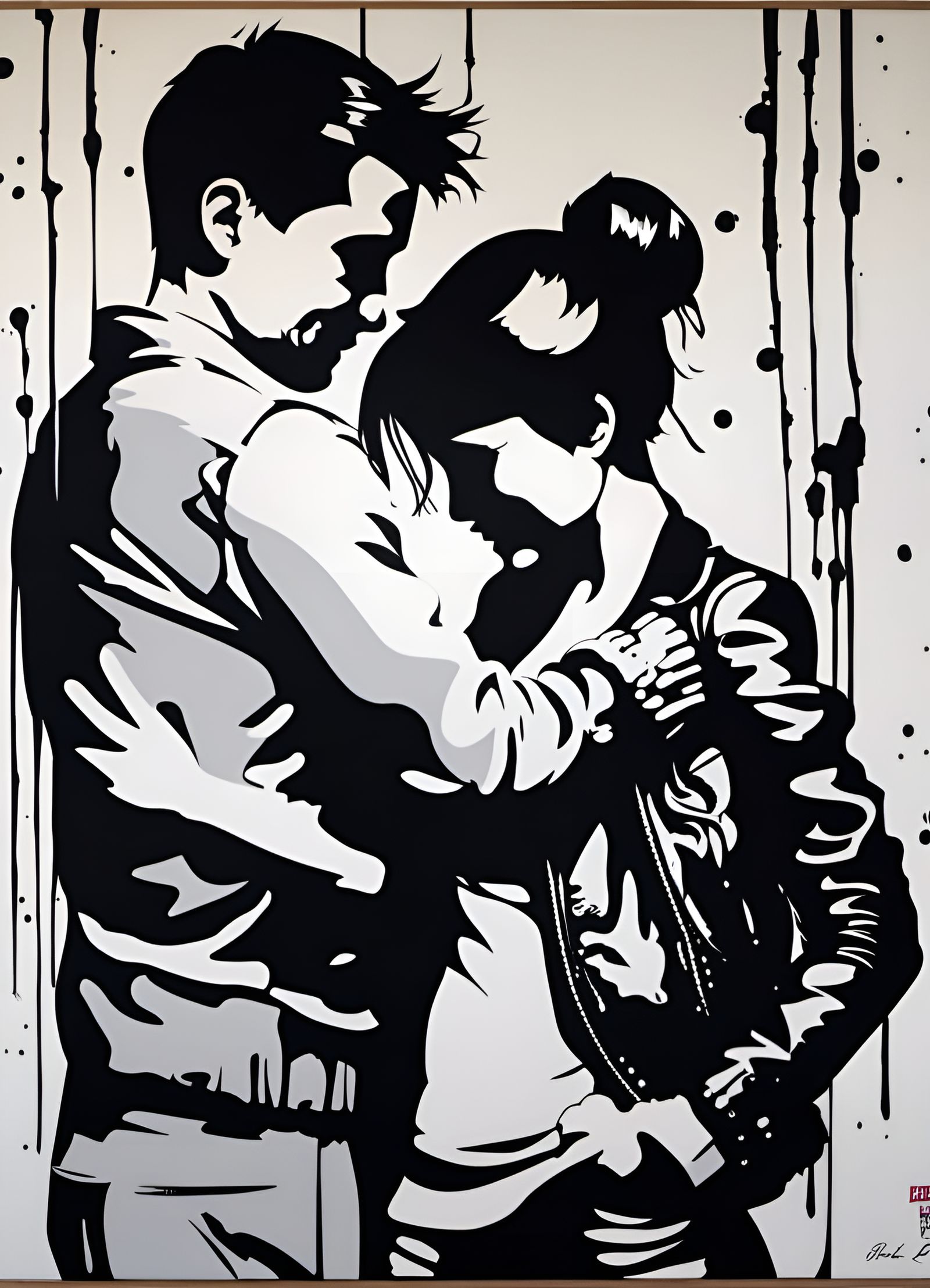 Emotional Couple's Portrait in Banksy Style Stencil Art