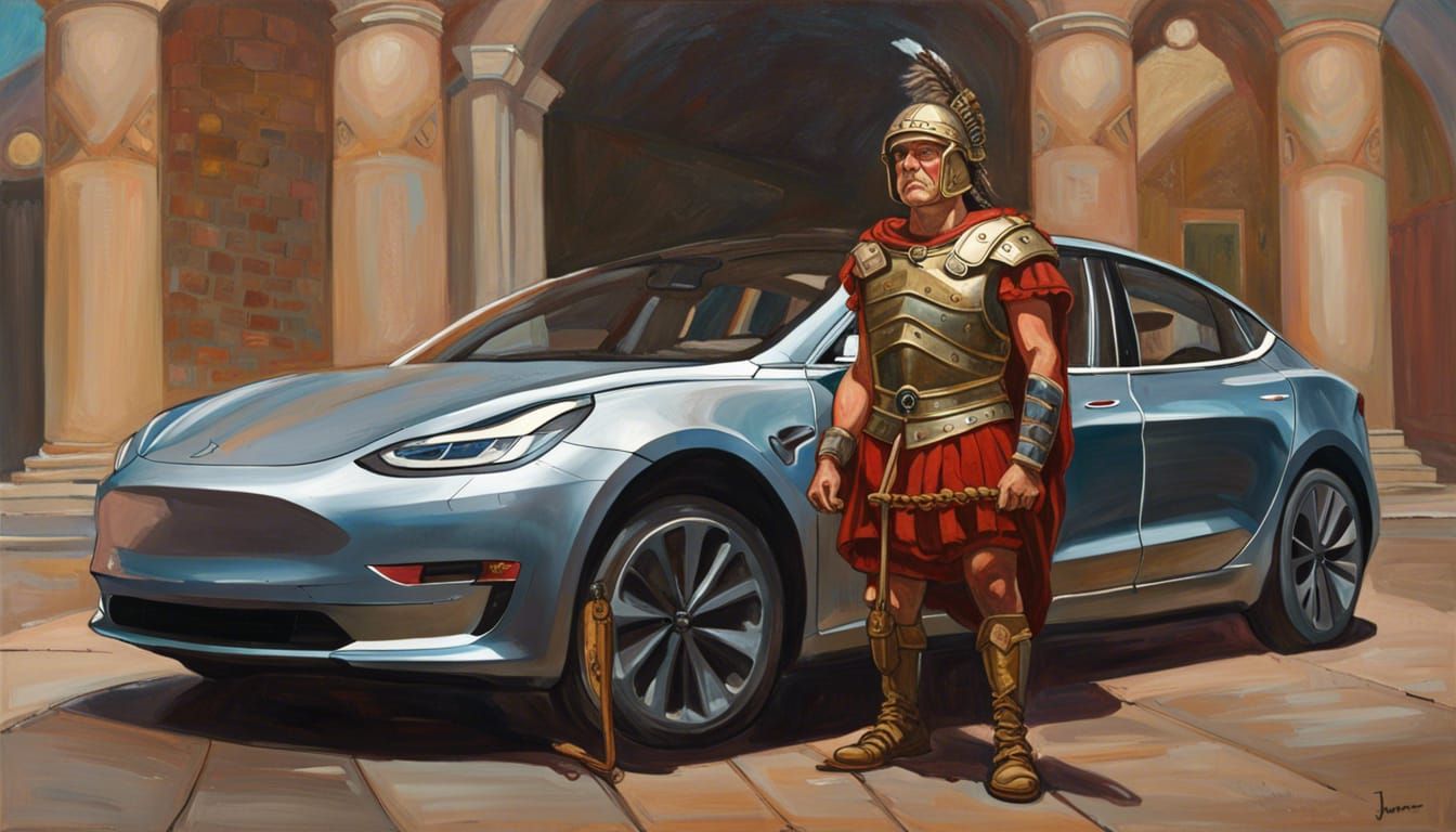 Roman Warrior Commands Tesla: Oil Painting