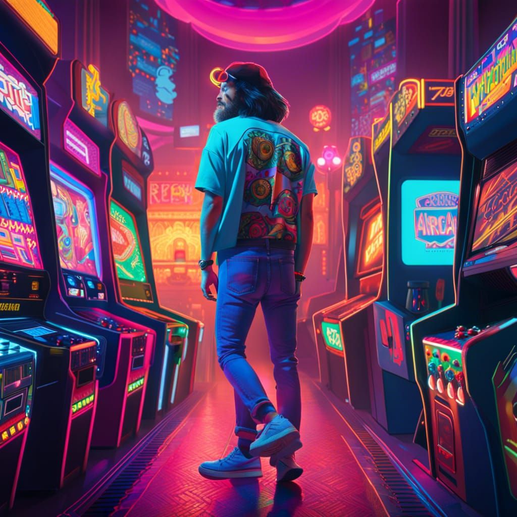 Hipster Playing 80s Arcade Game with Neon Accents