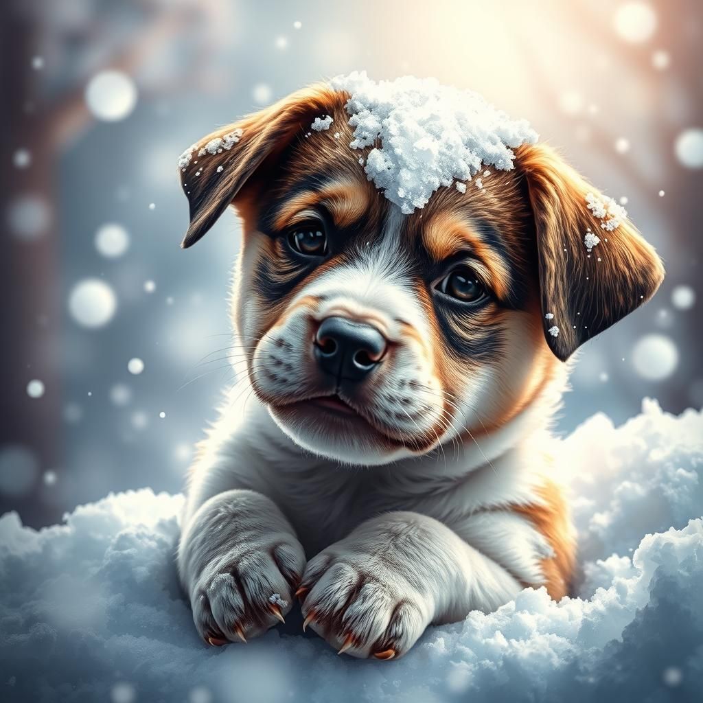 Hyperrealistic Puppy Covered in Snow: Splash Art