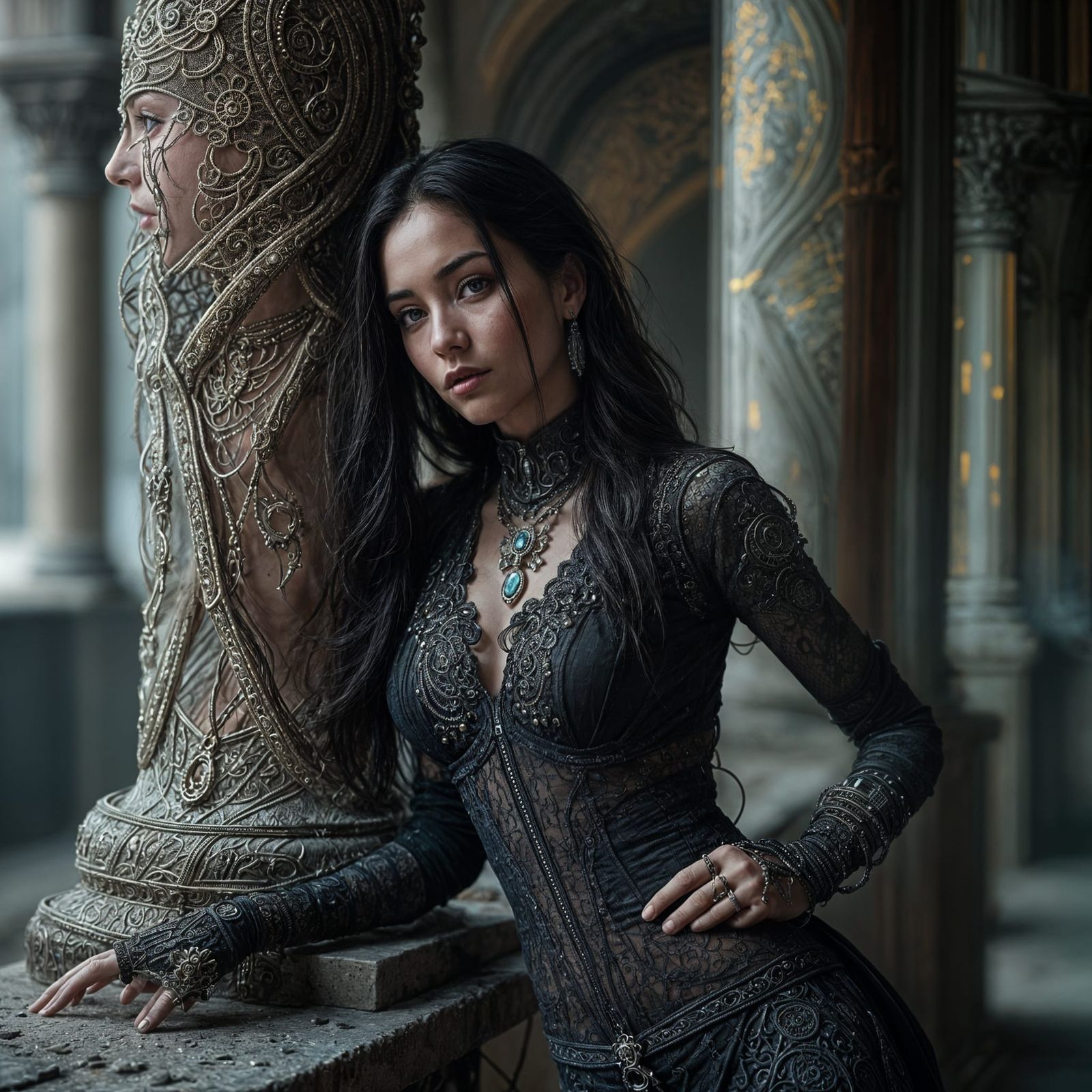 Surreal Cyberpunk Goddess Amidst Futuristic Ruins