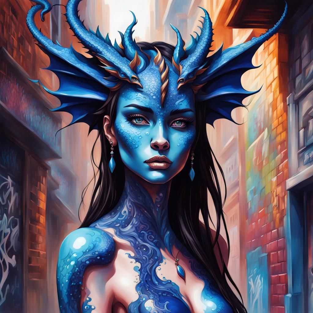 Sapphire Dragon Woman in Graffiti Art Style