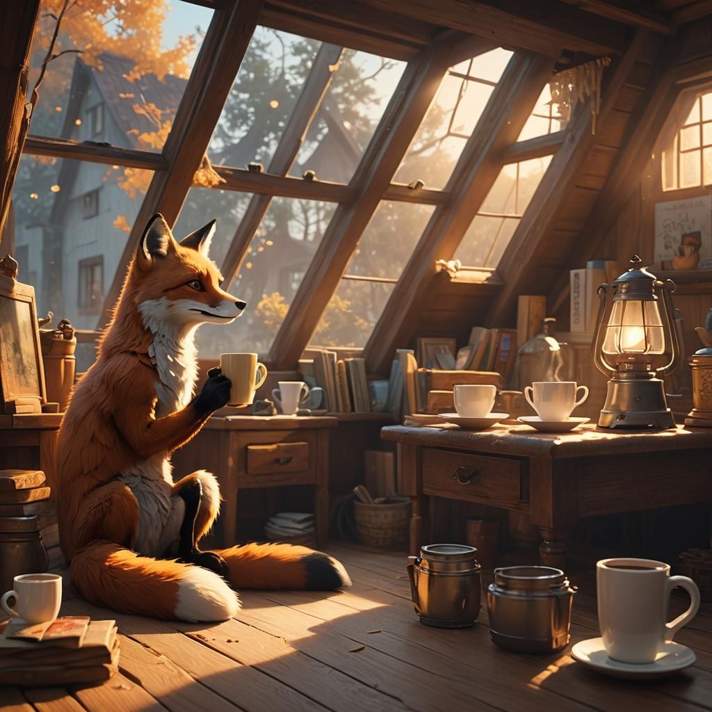 Cozy Fox Sips Coffee in Golden Morning Light