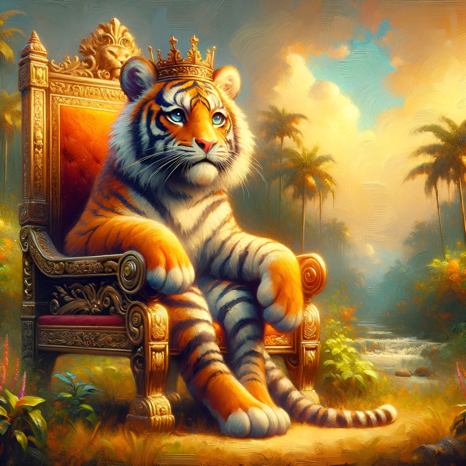 Regal Tiger King on Jungle Throne Oil Painting