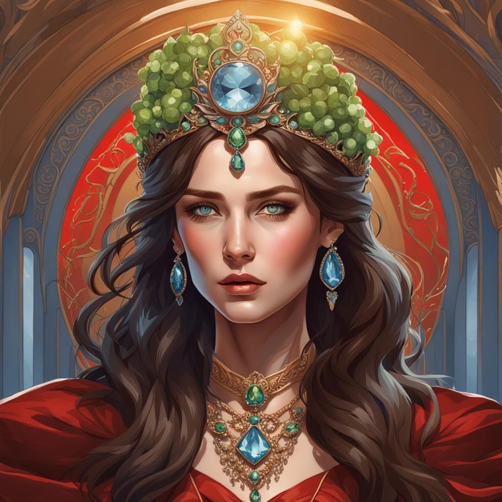 Elegant Woman in Red Gown, Art Nouveau Portrait