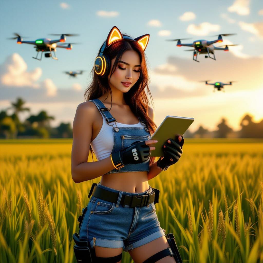 Confident Woman in Rice Field with Drones, in Digital Art St...