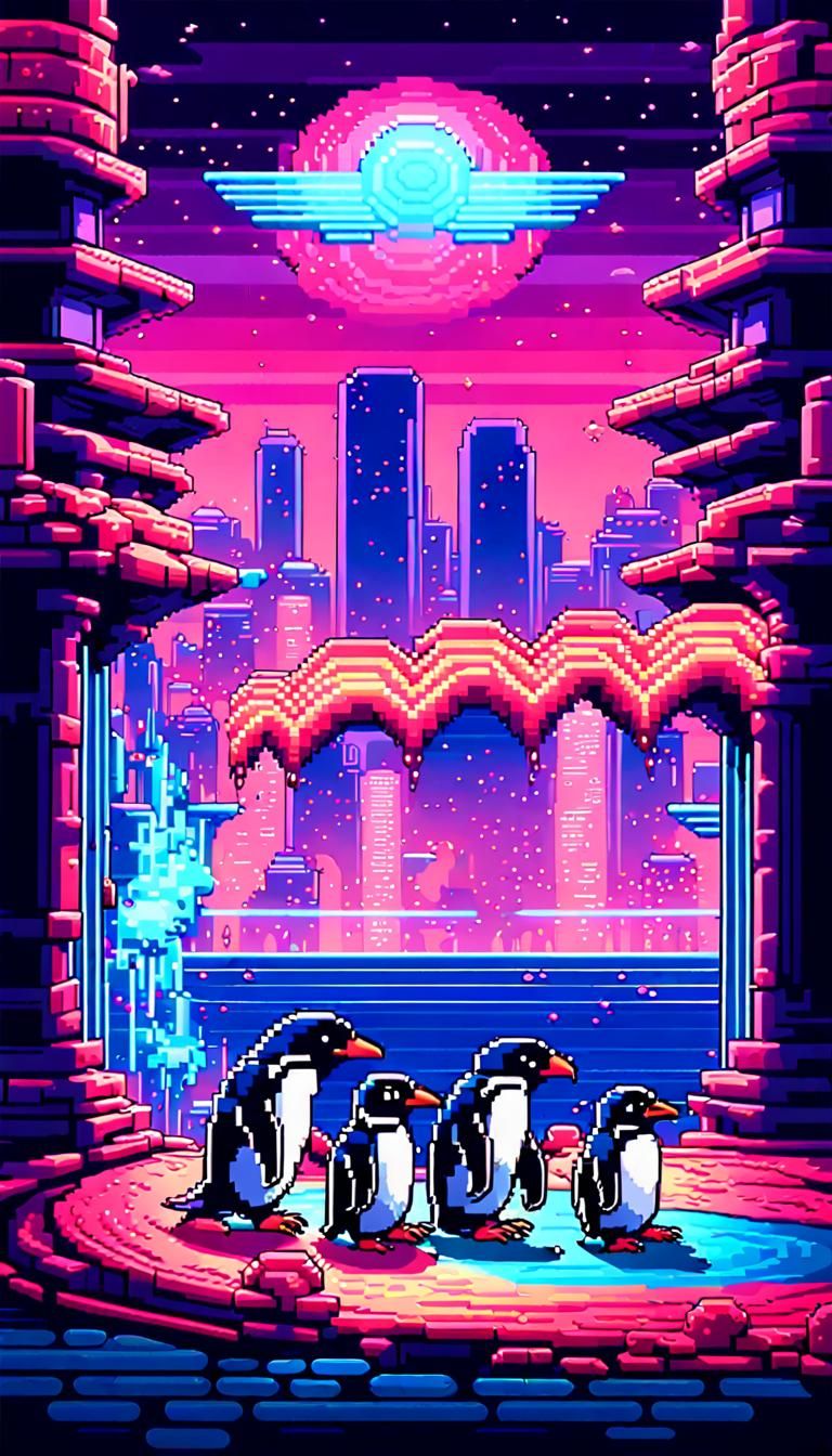 Vibrant Arcade Penguins Clash in a Neon-Lit Arena