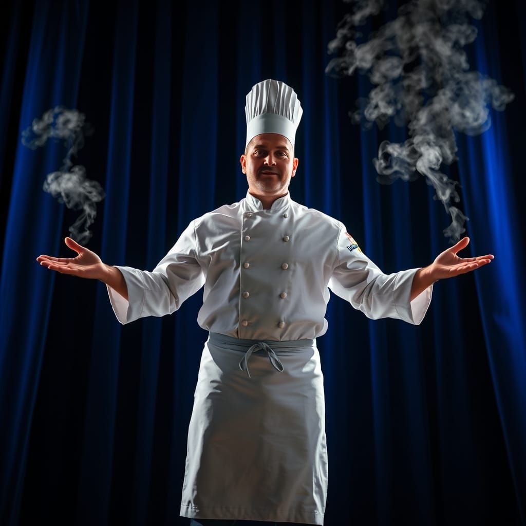 Confident Chef on Stage with Dramatic Lighting