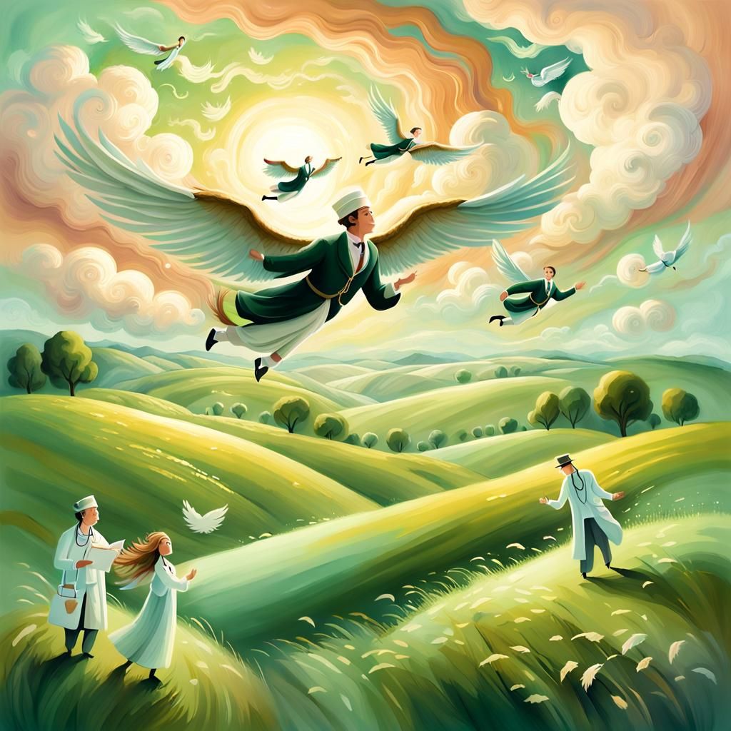 Whimsical Flying Doctors Over Green Landscape