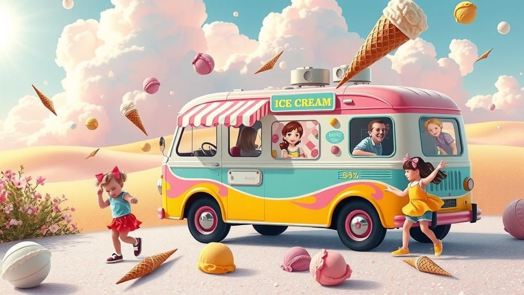 Surreal Vintage Ice Cream Truck in Whimsical Landscape