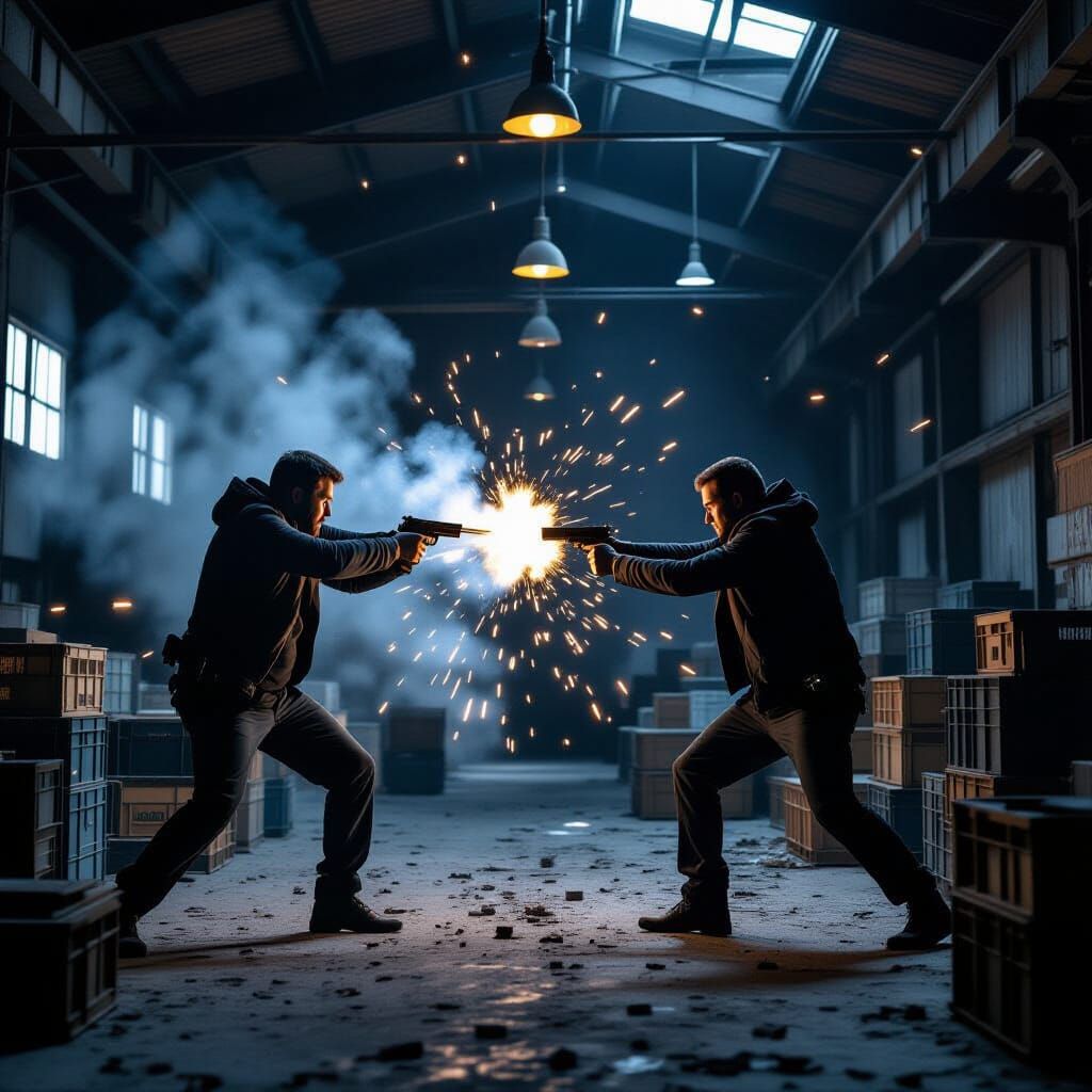 Dramatic Gunfight in Industrial Warehouse