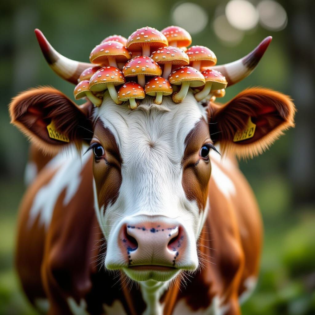 Vibrant Mushroom Cow Portrait Hyperrealistic Studio Photogra...