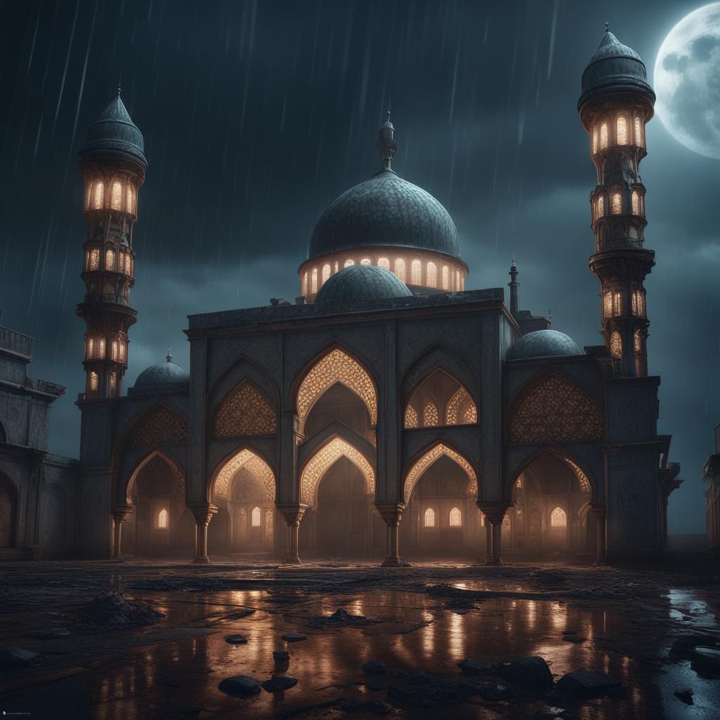 Apocalyptic Abandoned Mosque at Rainy Night in Unreal Engine