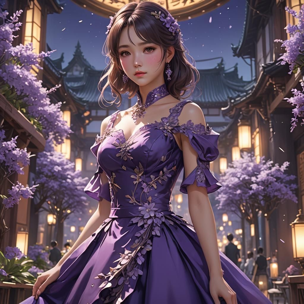 Beautiful Woman in Violet Dress: 3D Anime Art