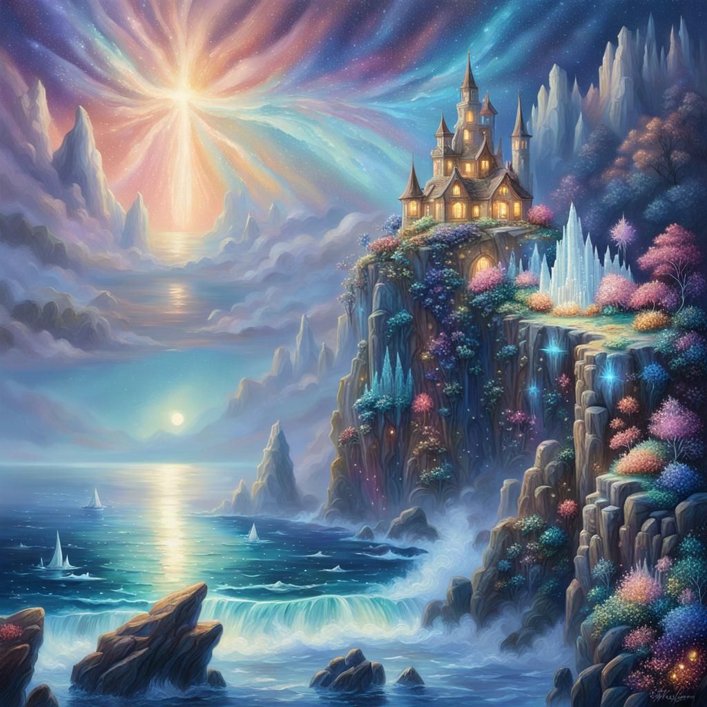 Mystical Crystal Cliffs Under Starry Skies