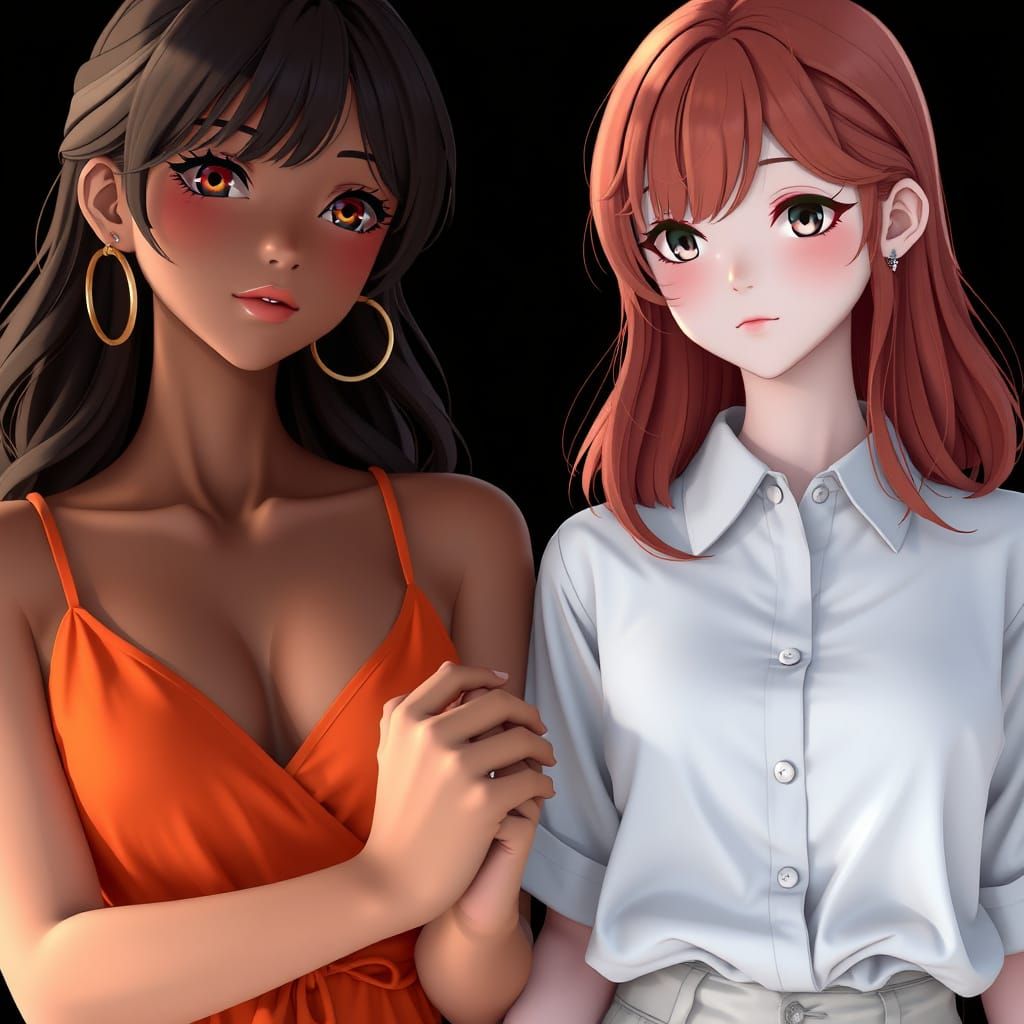 Two Women Holding Hands in Anime Style