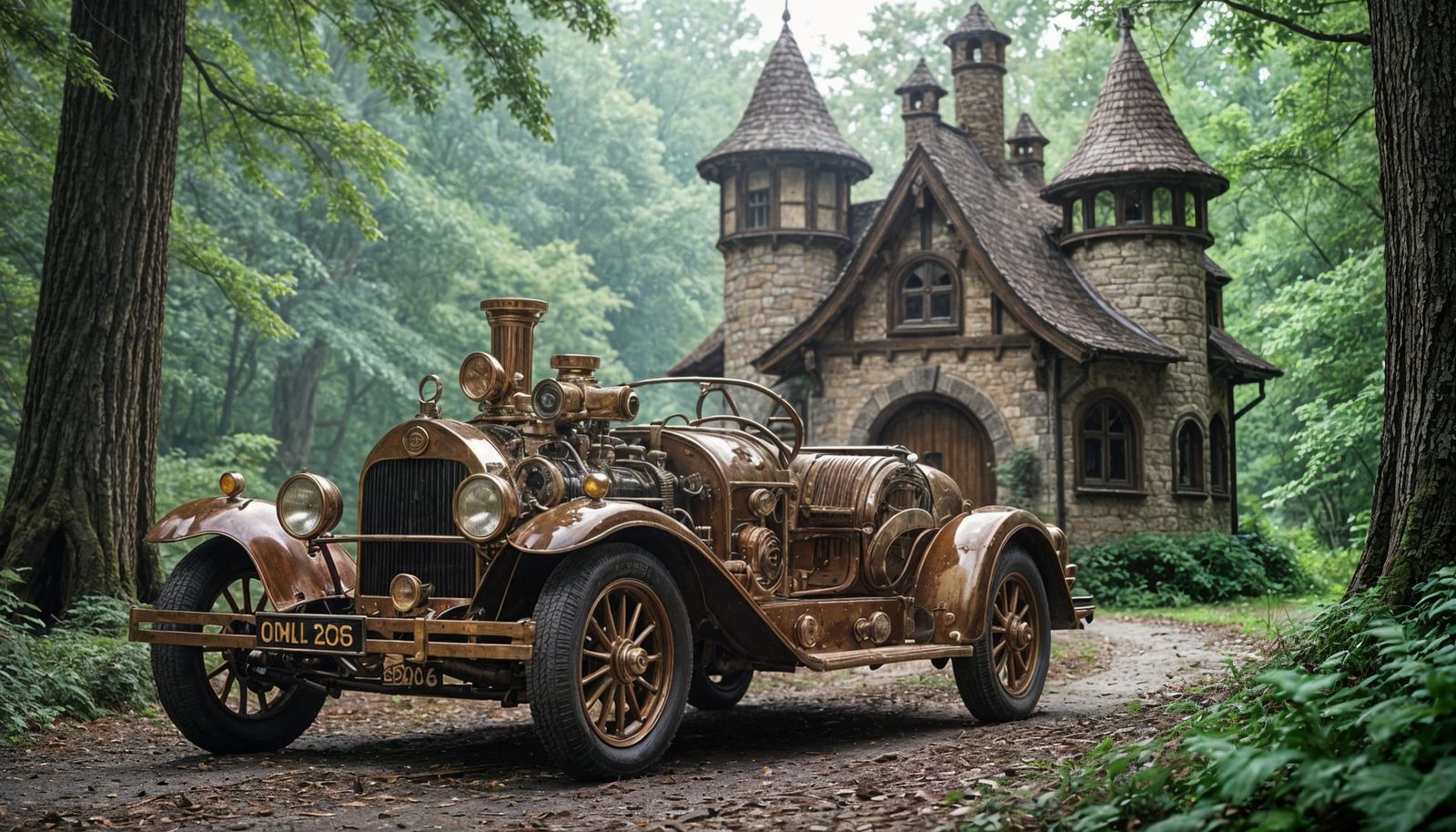 Steampunk Car Before Elven Cottage in Oak Forest