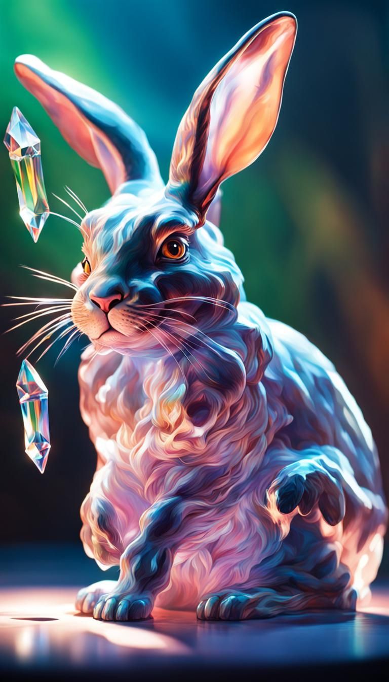 Crystal Rabbit and Cat in Hyperrealistic Splash Art