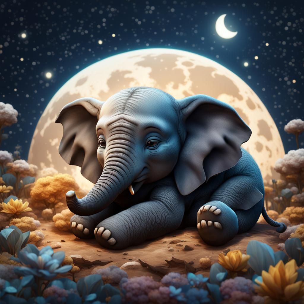 Baby Elephant Sleeps on Moon, Fantasy Concept Art