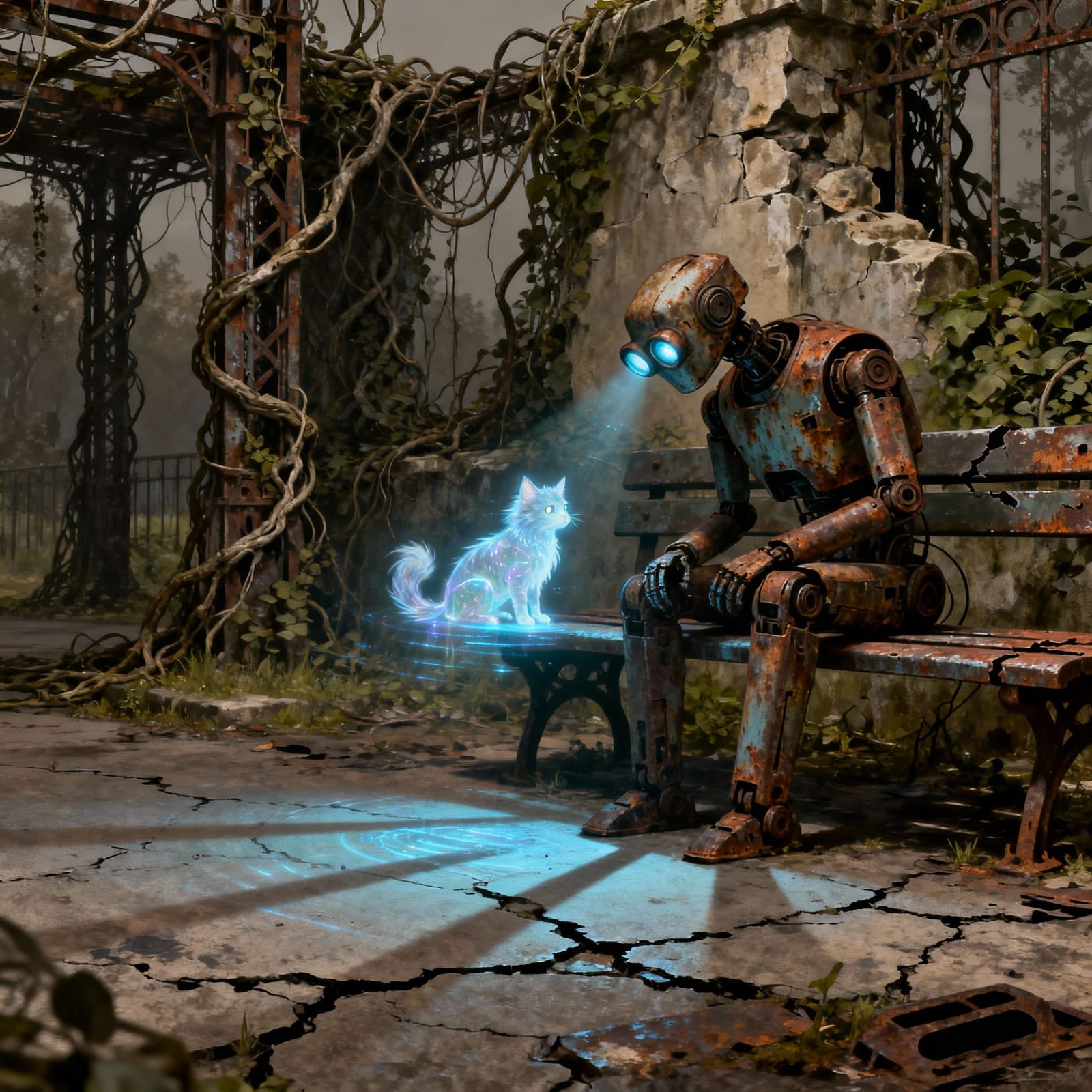 Abandoned Robot Gazes at Hologram of Lost Pet