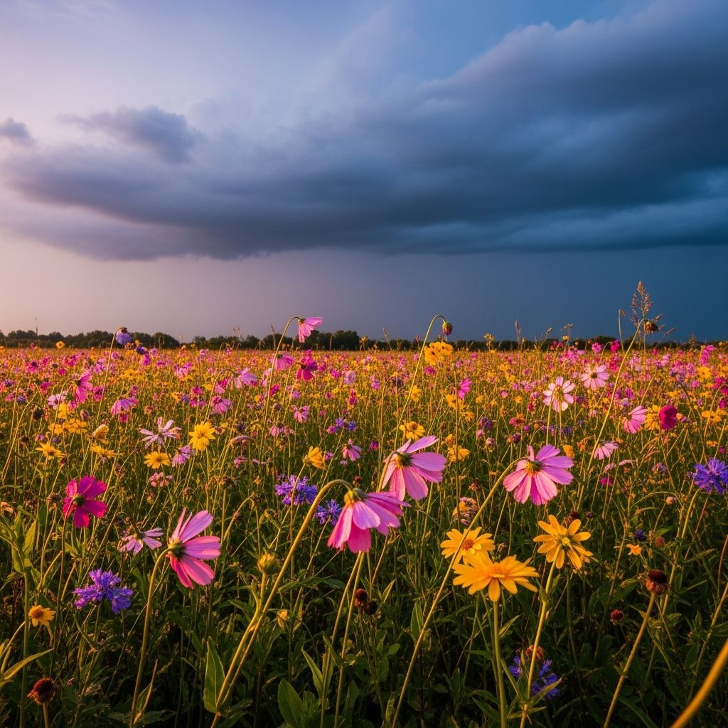 Wildflower Field in Summer Rain, Impressionistic Style