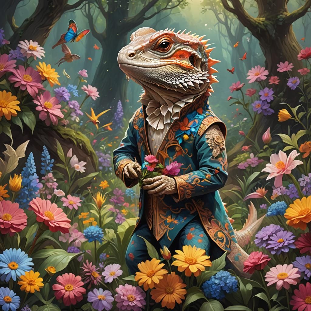 Bearded Dragon in Fantasy Forest: Rococo Oil Painting
