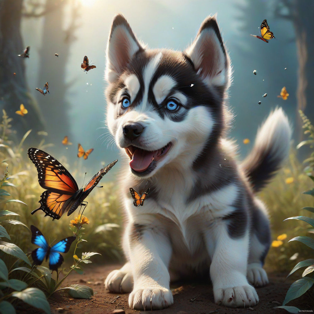 Dramatic Encounter of a Husky Puppy with a Butterfly in a De...