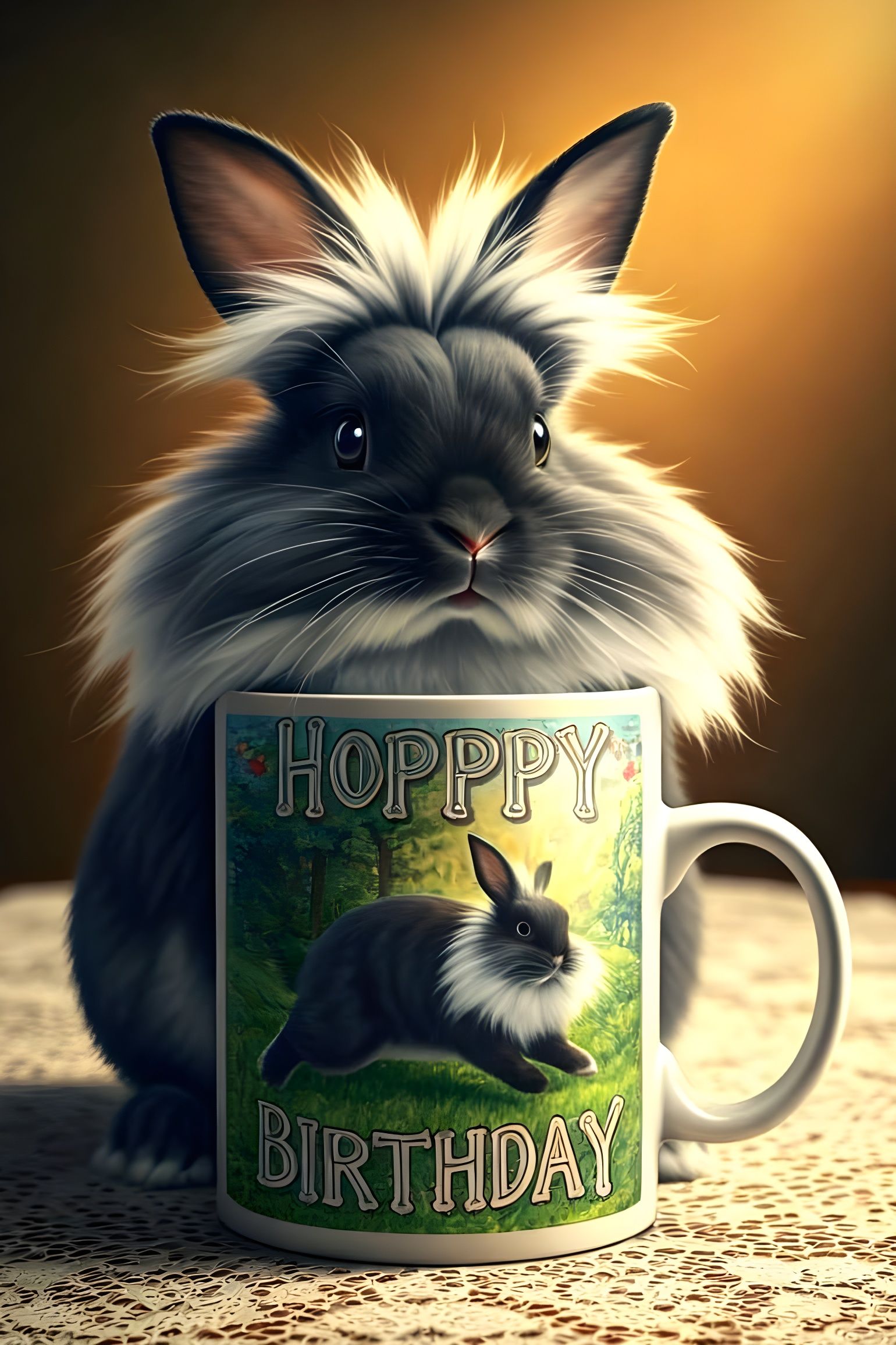 Realistic Lionhead Rabbit in a Whimsical Coffee Mug Scene
