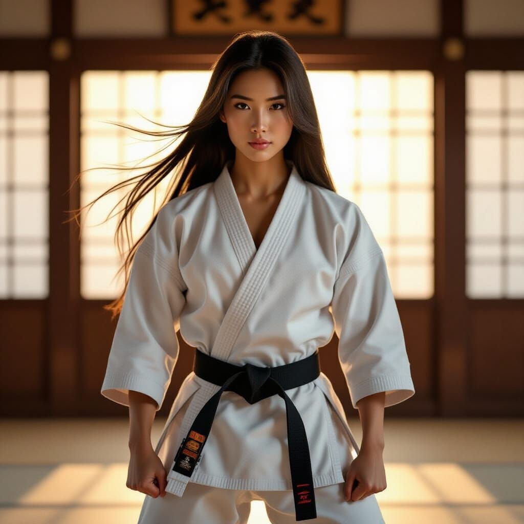 Fit Asian Woman in Fighting Stance in Golden Hour Dojo