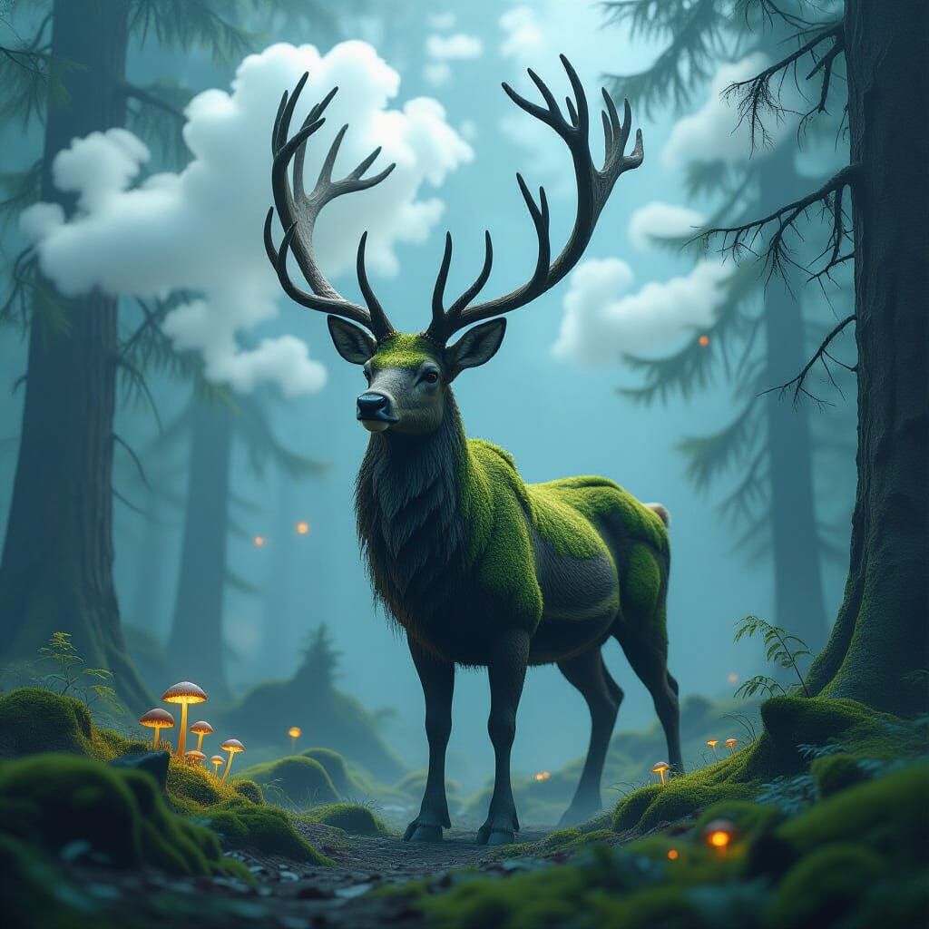 Giant Wooden Reindeer in Enchanted Misty Forest