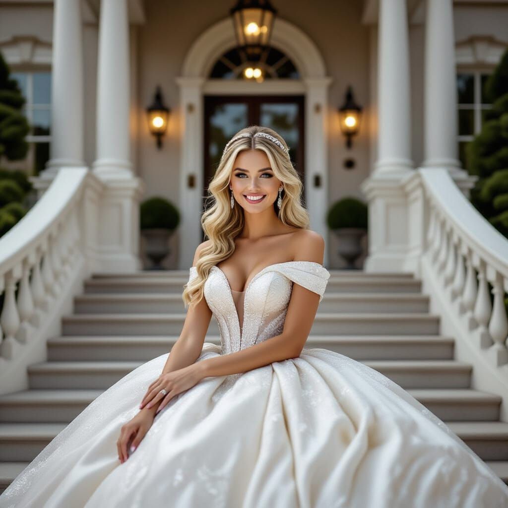 Woman in Sparkling Gown Poses at Mansion