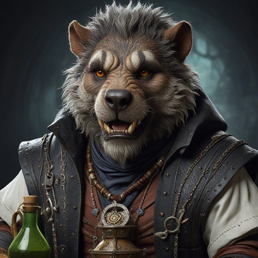Brown, black, grey and white haired Gnoll Alchemist