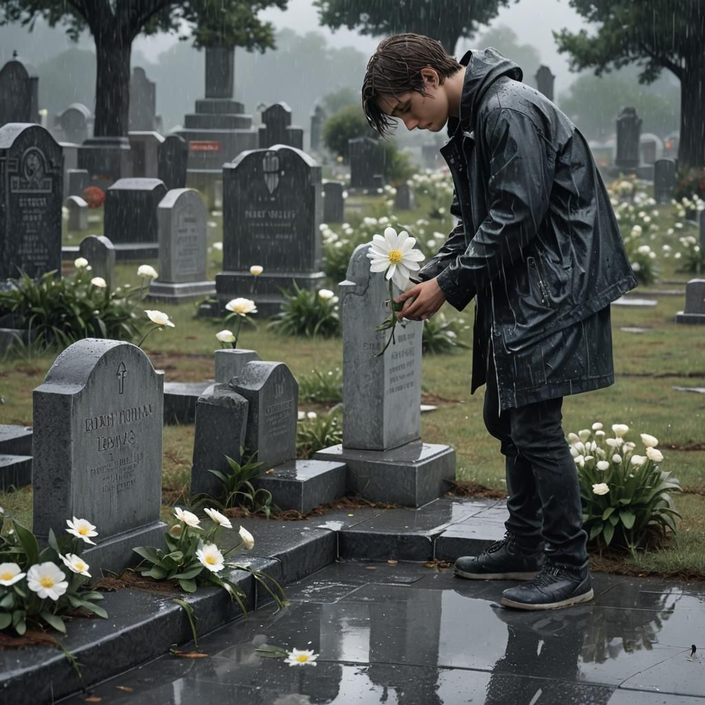 Teenager Grieves at Tombstone in Rain: Digital Art