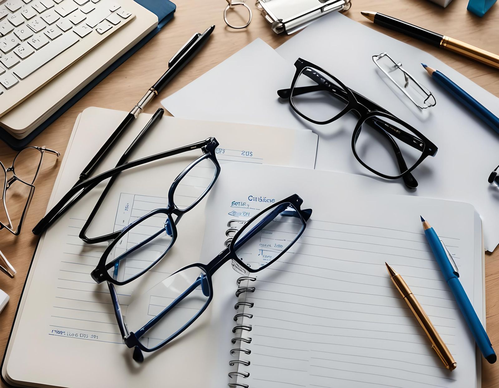 Blue Eyeglasses on Notebook at Workplace
