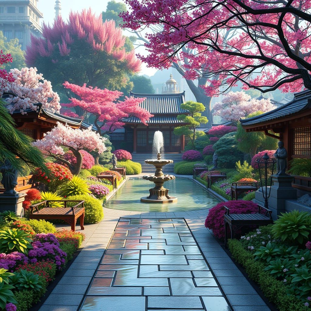 Serene Japanese Oasis in Impressionist Style with Detailed M...