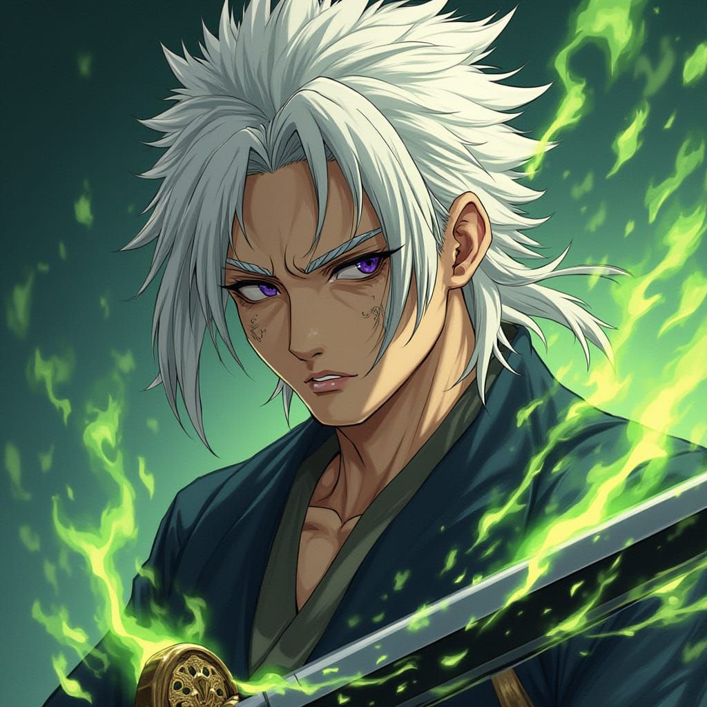 Wounded Warrior with Sword and Green Flames