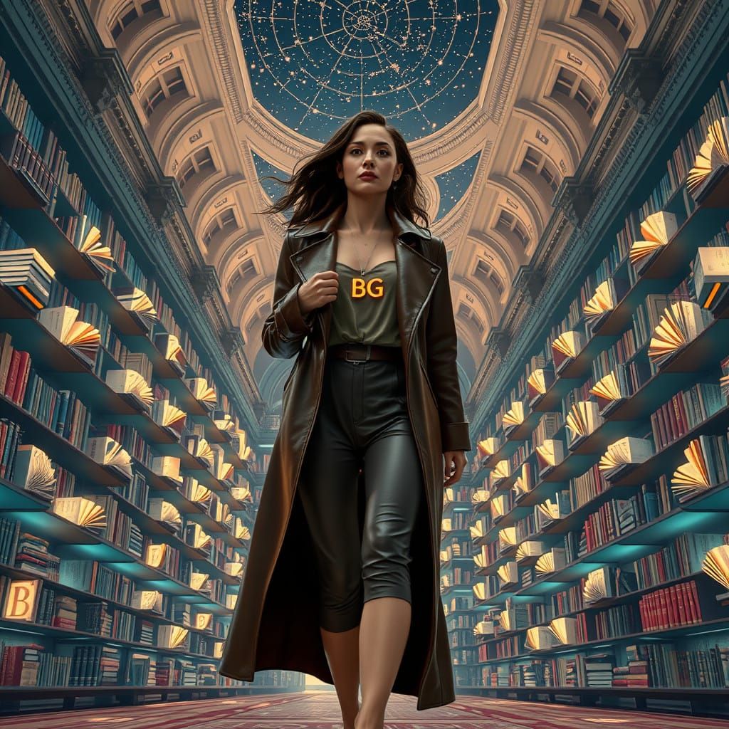 Grand Library of Wonders: Elegant Woman in Futuristic Litera...