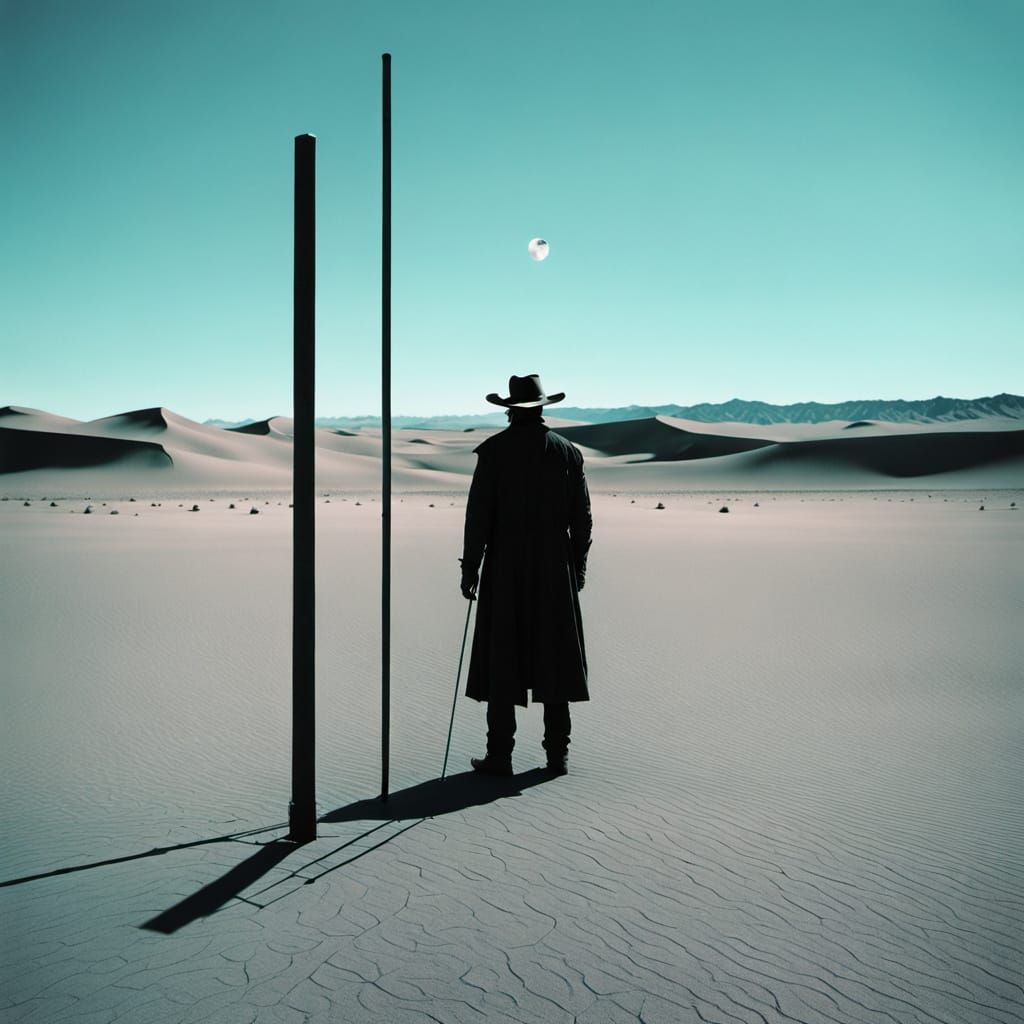 Cowboy with Soundless Orb on Black Glass Desert