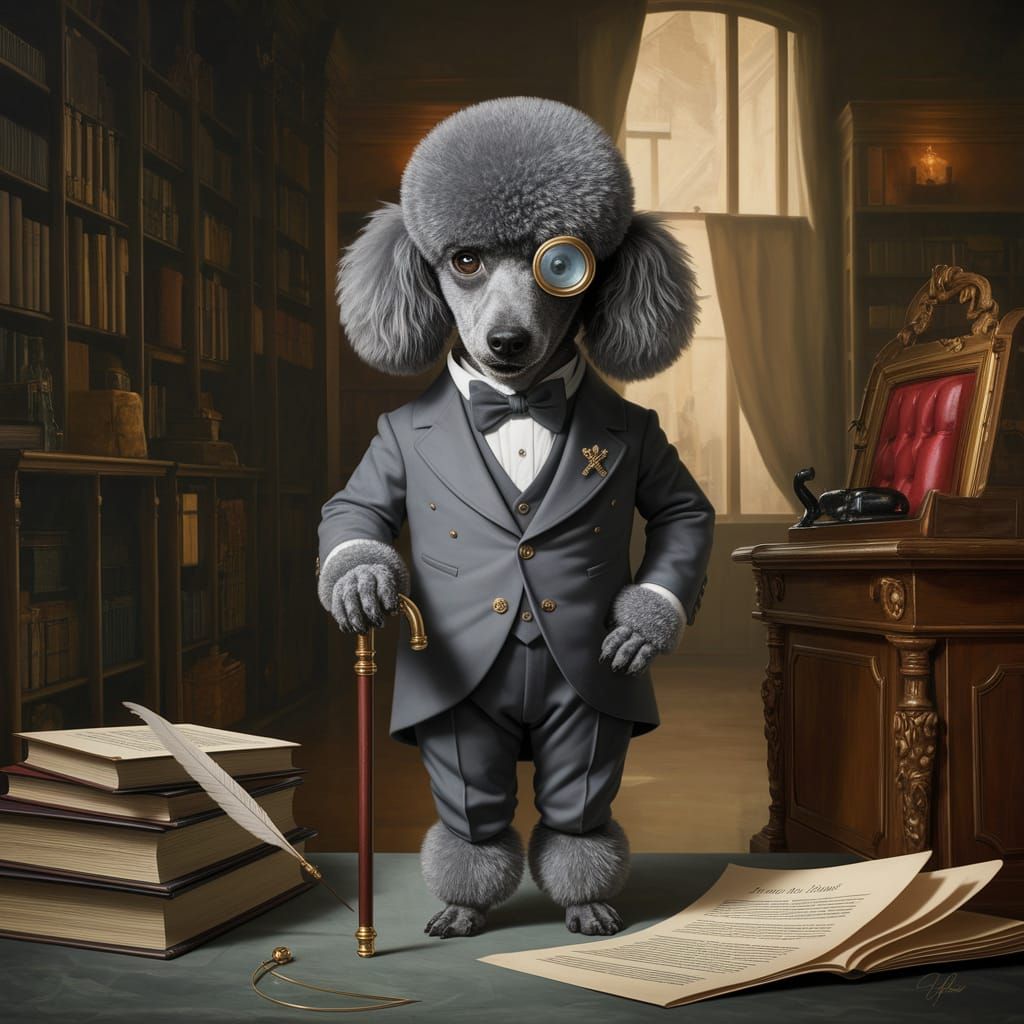 A gray Poodle standing upright in a tiny tailored suit and monocle, oil painting by James Gurney