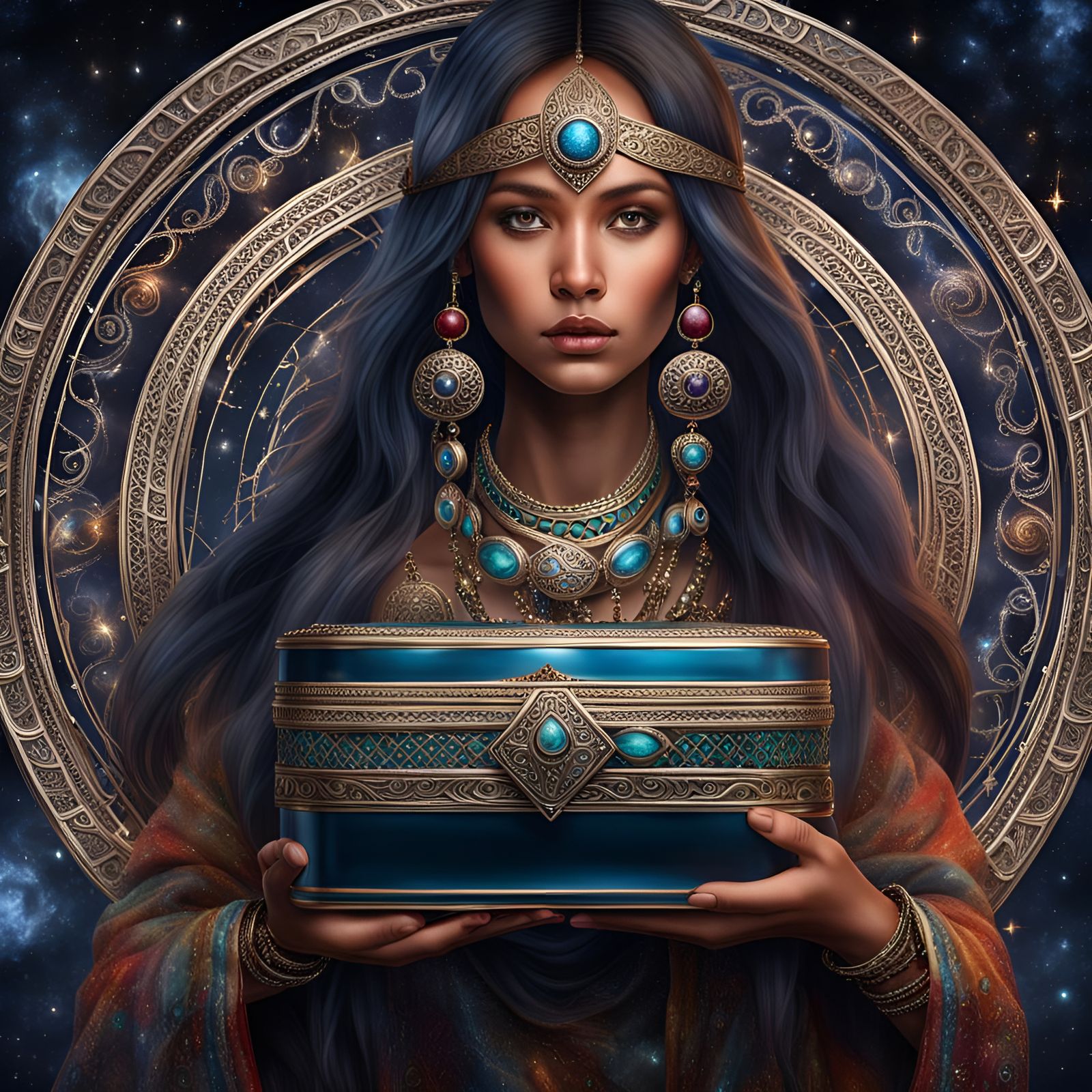 Tribal Woman Offering Jewelry Under Galactic Stars