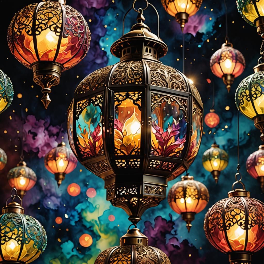 Filigree Lantern with Light Illusion in Alcohol Ink Style