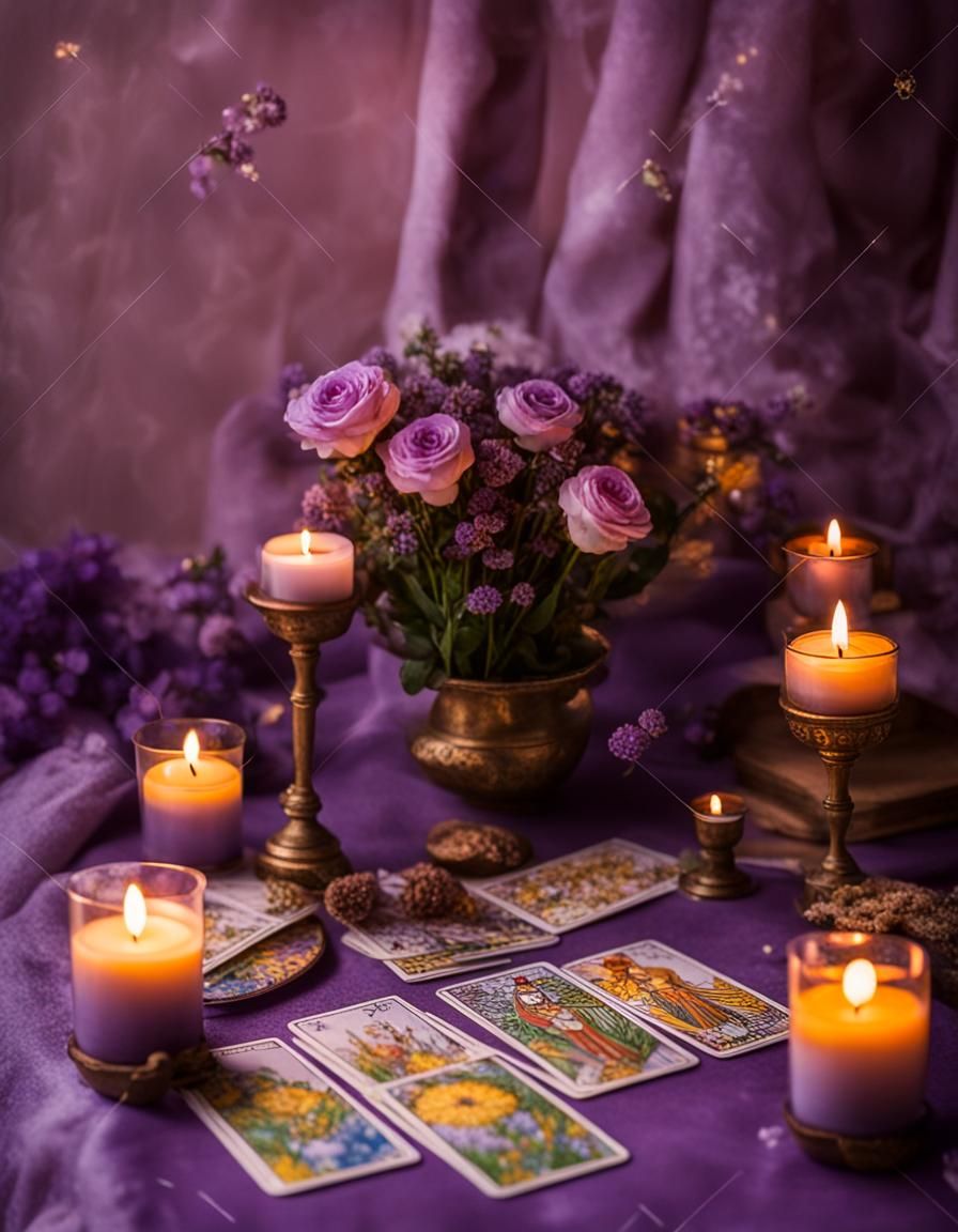 Elegant Tarot Card Still Life with Flowers and Candles