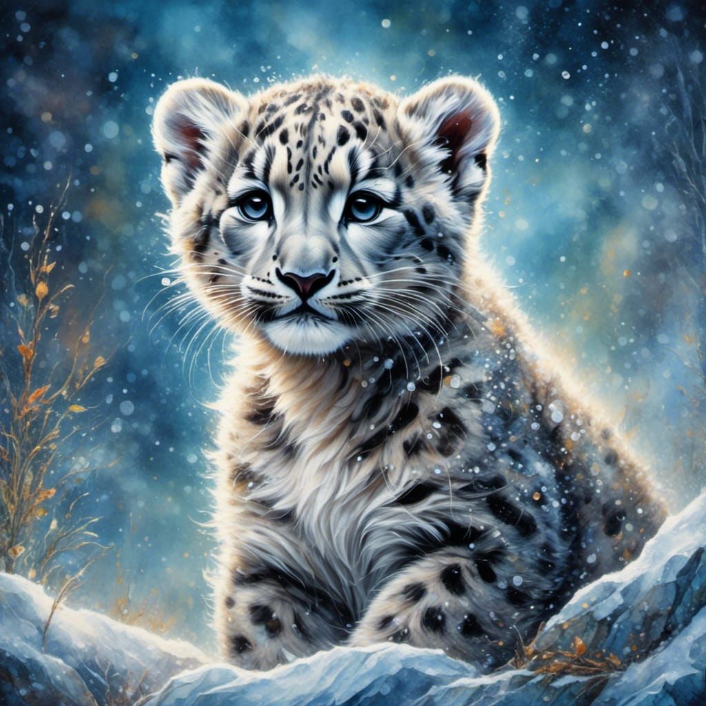Snow Leopard Cub in Snowy Watercolor Landscape
