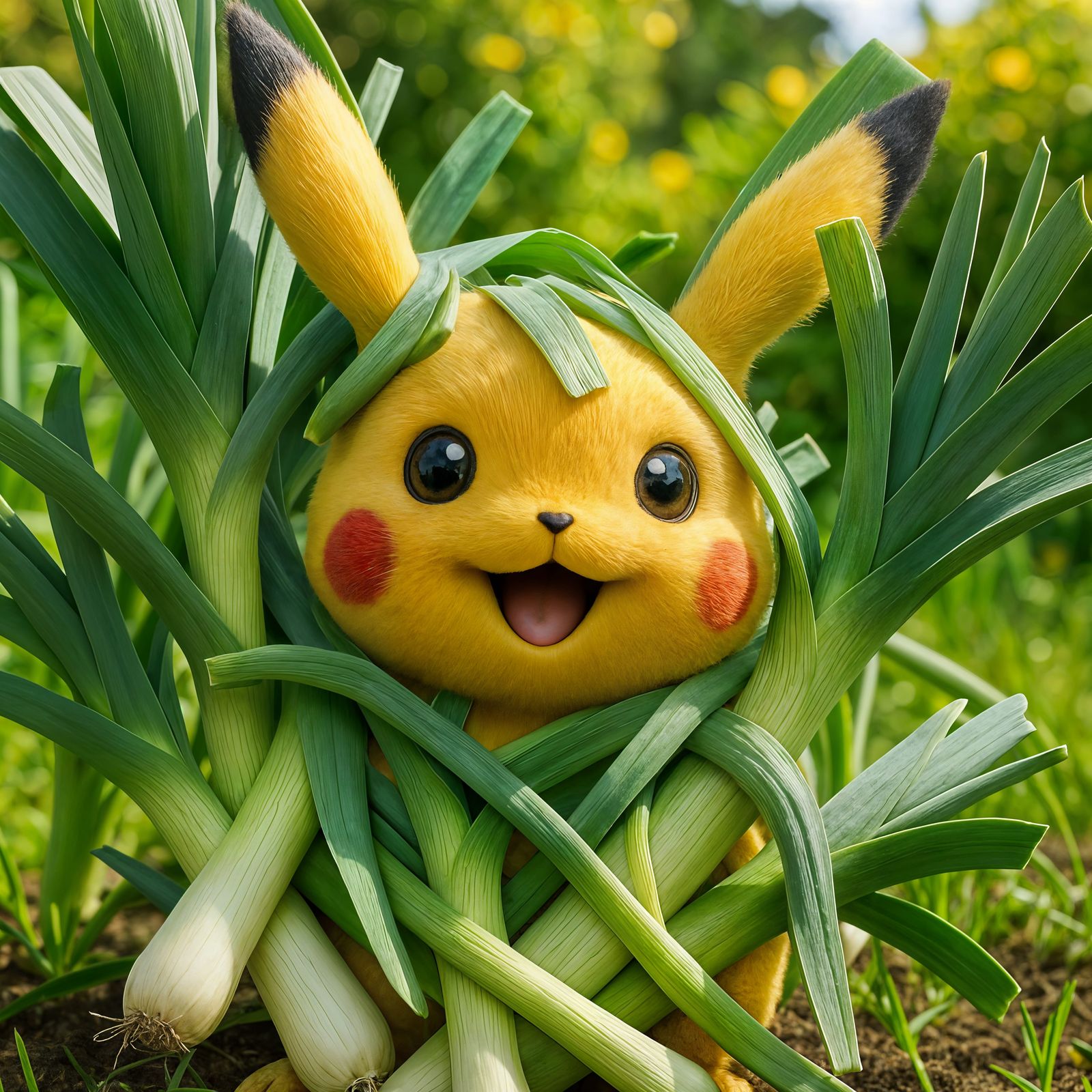 Leek-Covered Pikachu in Sunny Garden, CGI Art