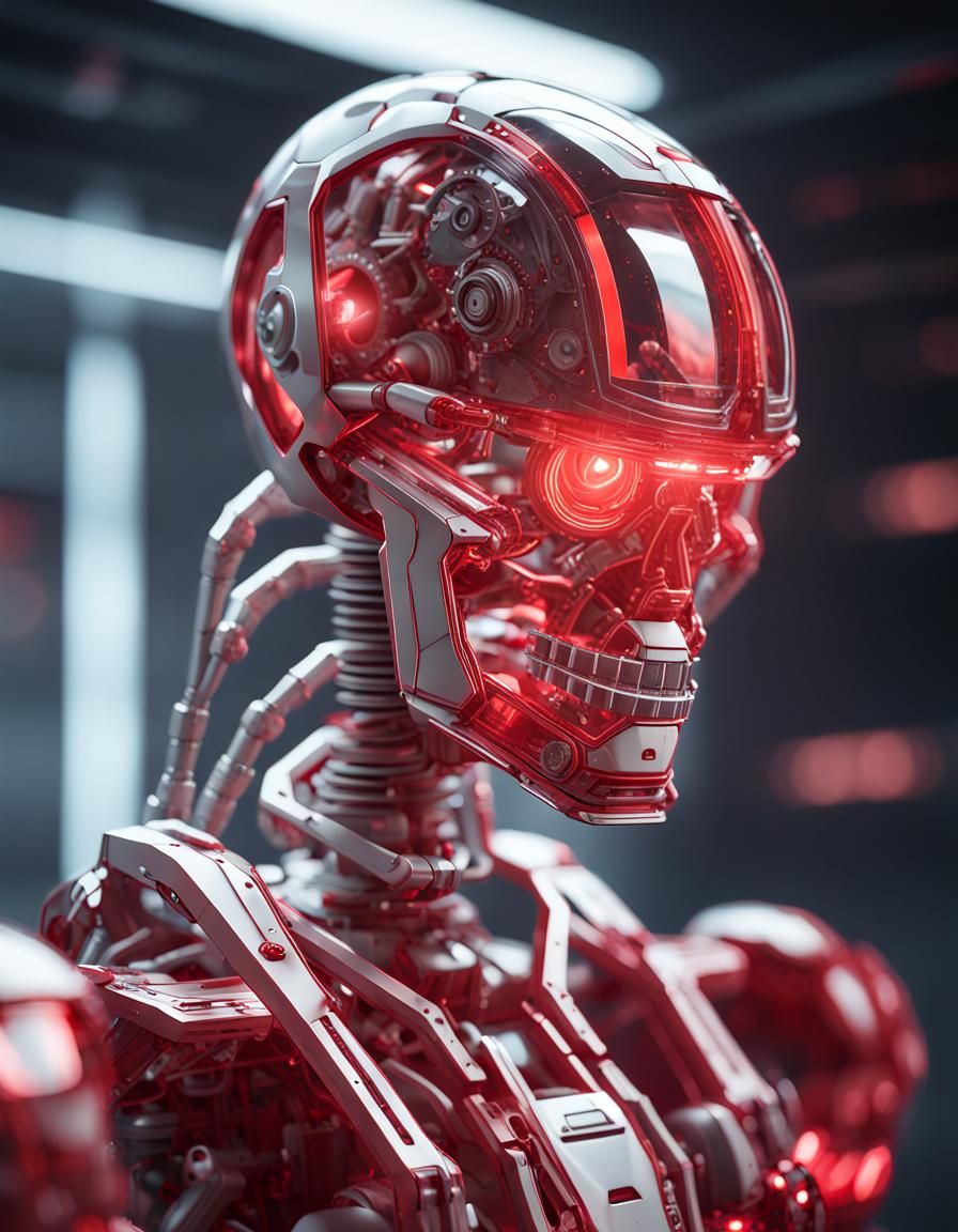 Transparent Red Robot in White Spaceship, Sci-Fi Render