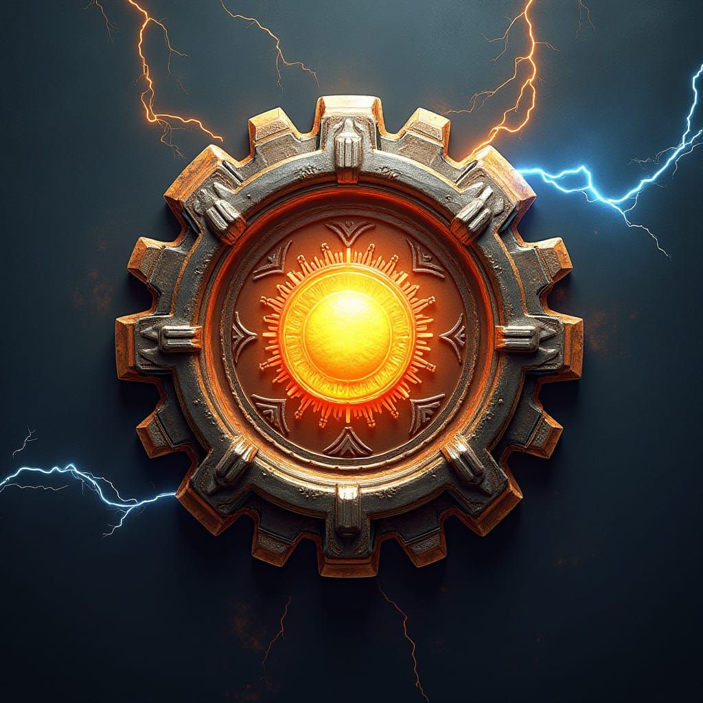 Mystical Gear Emblem with Radiant Sun and Swirling Lightning...
