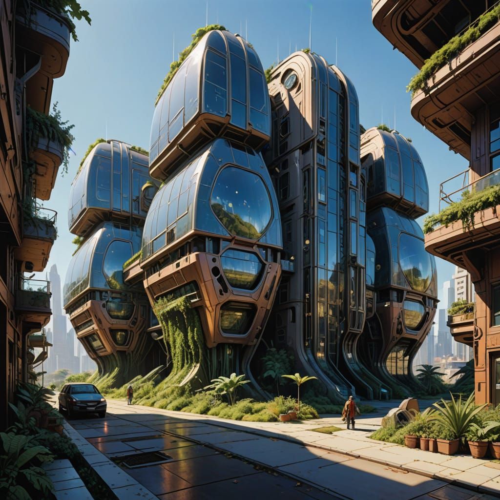 Solarpunk Cityscape in a Bright Sunny Sky
